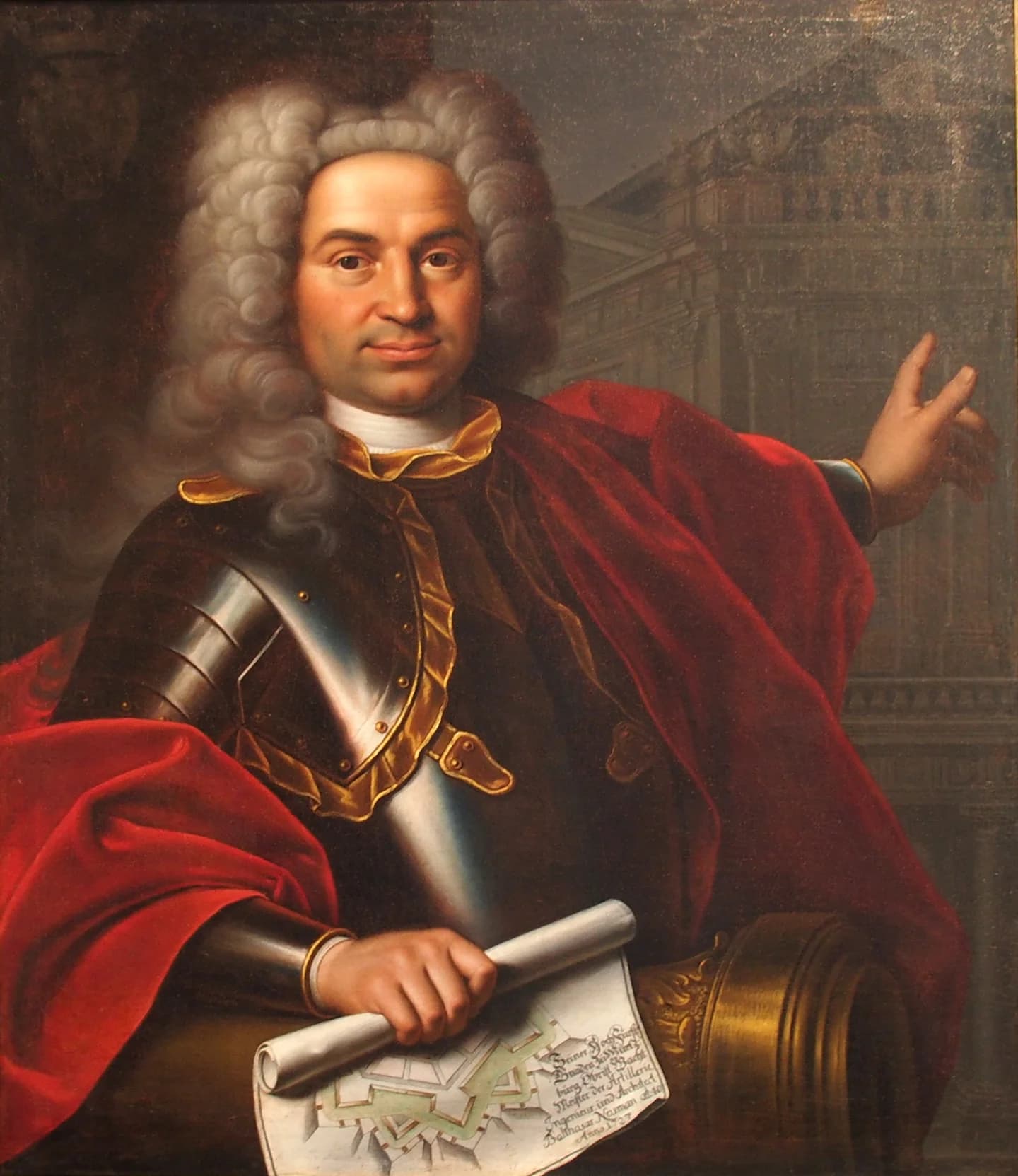 諾伊曼(Balthasar Neumann)肖像,馬庫斯・弗里德里希・克萊納特(Marcus Friedrich Kleinert)1727年繪,藏於弗蘭肯博物館(Museum für Franken),經維基共享資源(Wikimedia Commons)重製。