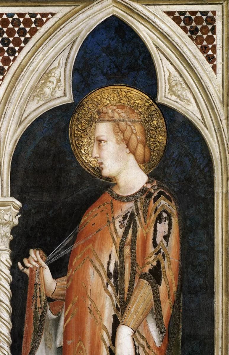 Elisabeth von Ungarn, Ausschnitt eines Freskos von Simone Martini in der Cappella di San Martino in Assisi. Ein späteres Andachtsbild, kein zu Lebzeiten entstandenes Porträt.